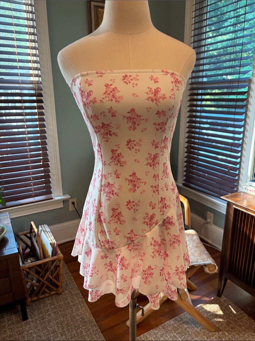 Strapless Cream Dress with Pink Floral Print